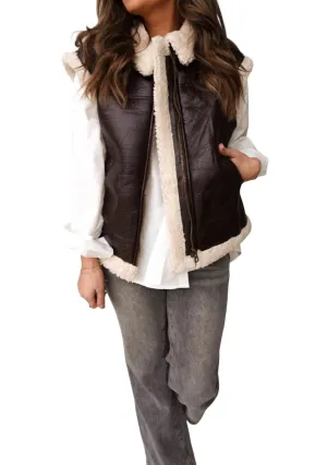Leather Vest With Sherpa Lining In Dark Brown