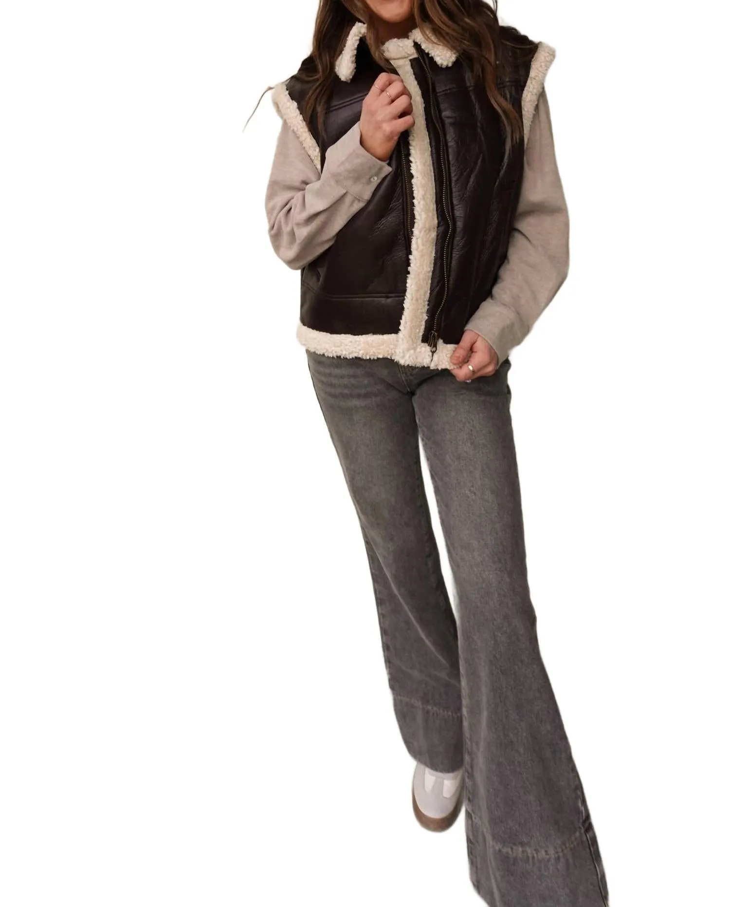 Leather Vest With Sherpa Lining In Dark Brown