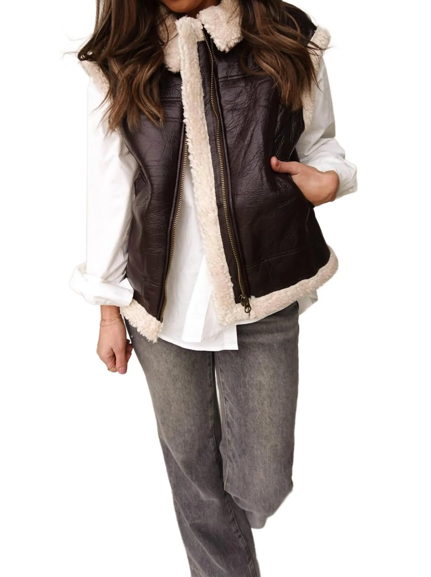 Leather Vest With Sherpa Lining In Dark Brown