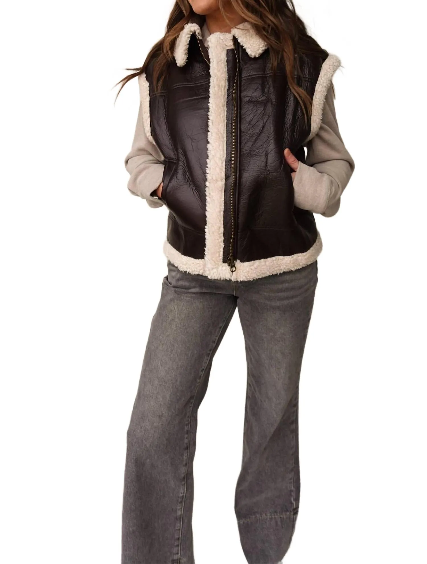 Leather Vest With Sherpa Lining In Dark Brown