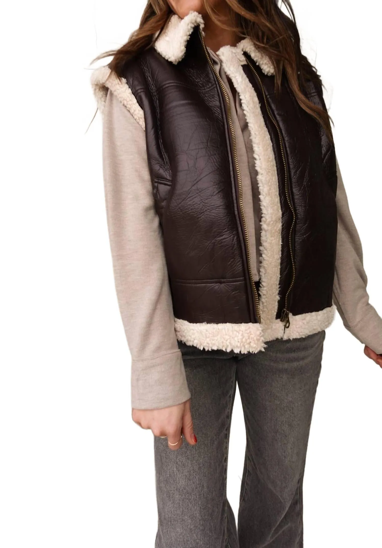 Leather Vest With Sherpa Lining In Dark Brown