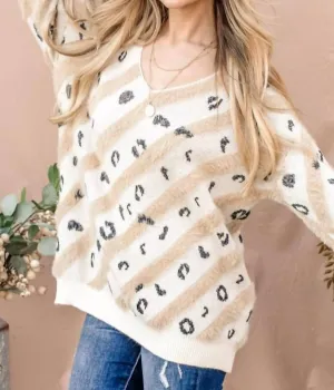 Leopard Print Faux Fur V Neckline Sweater In Cream