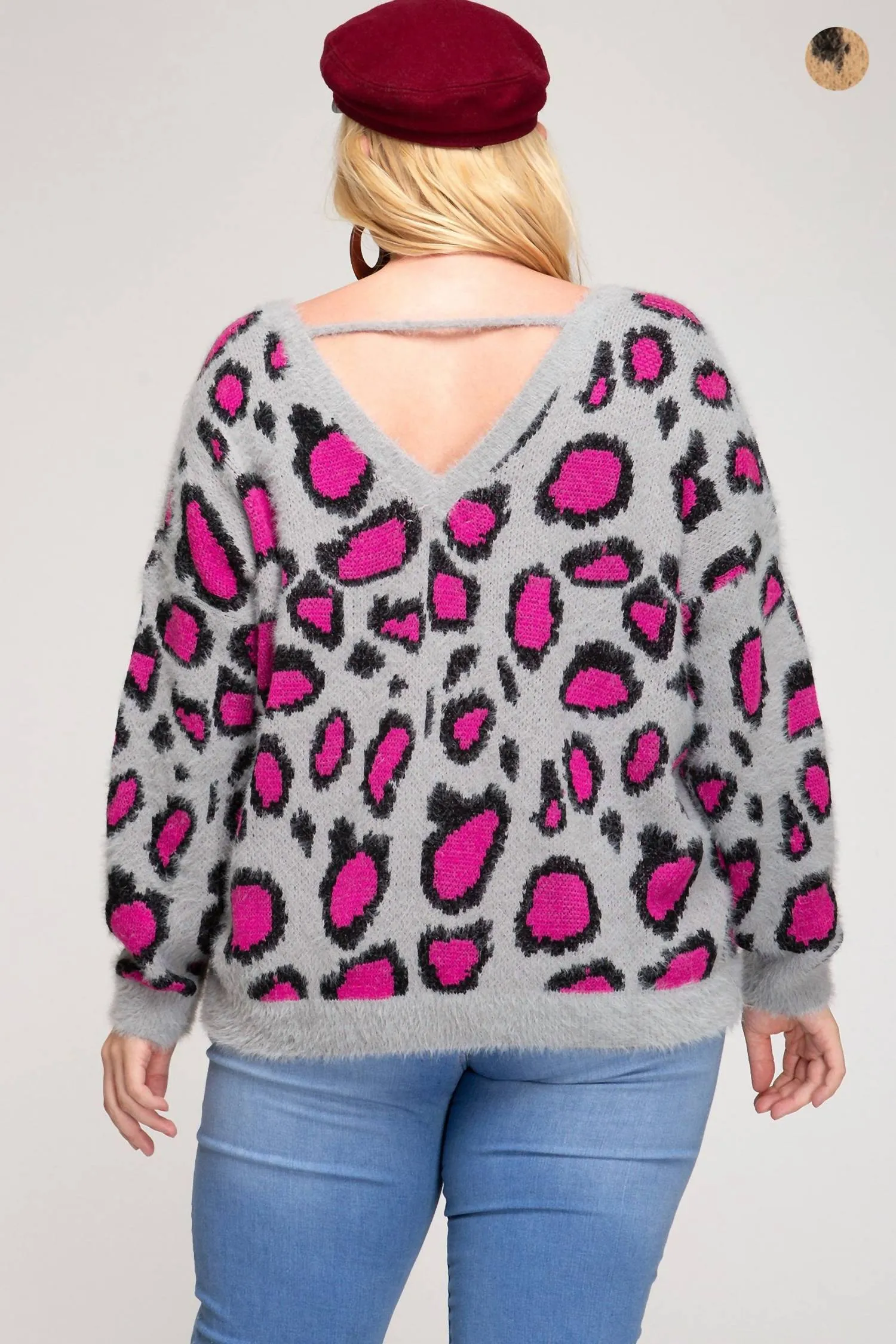Leopard V Back Plus Sweater In Hot Pink/grey