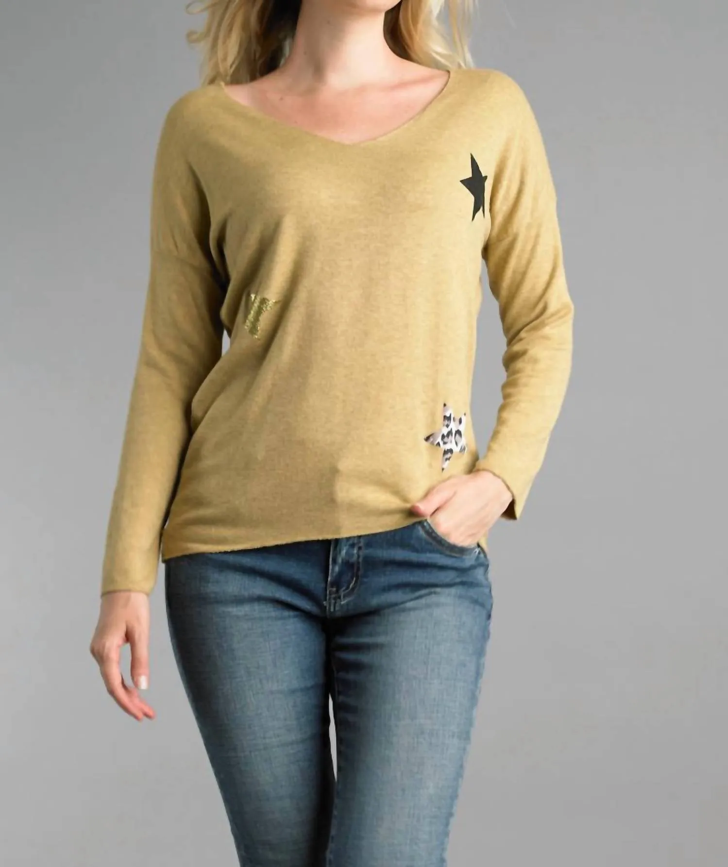 Lightweight V Neckline Sweater With Stars In Mustard