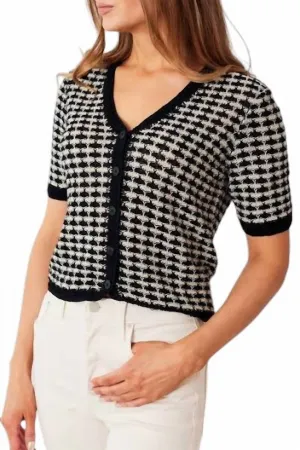 Linen Crochet Trim Cardigan In Black & Cream