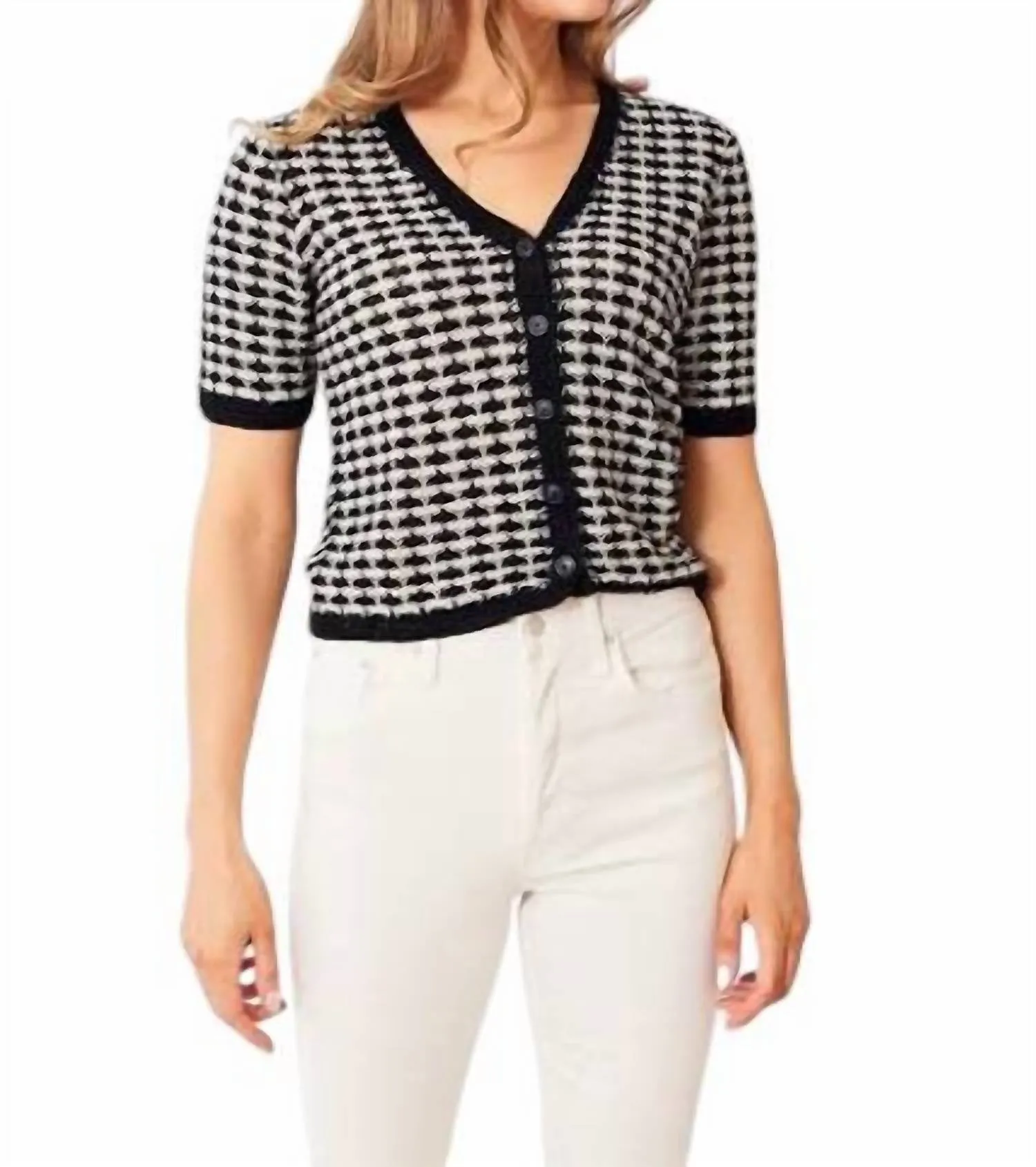 Linen Crochet Trim Cardigan In Black & Cream