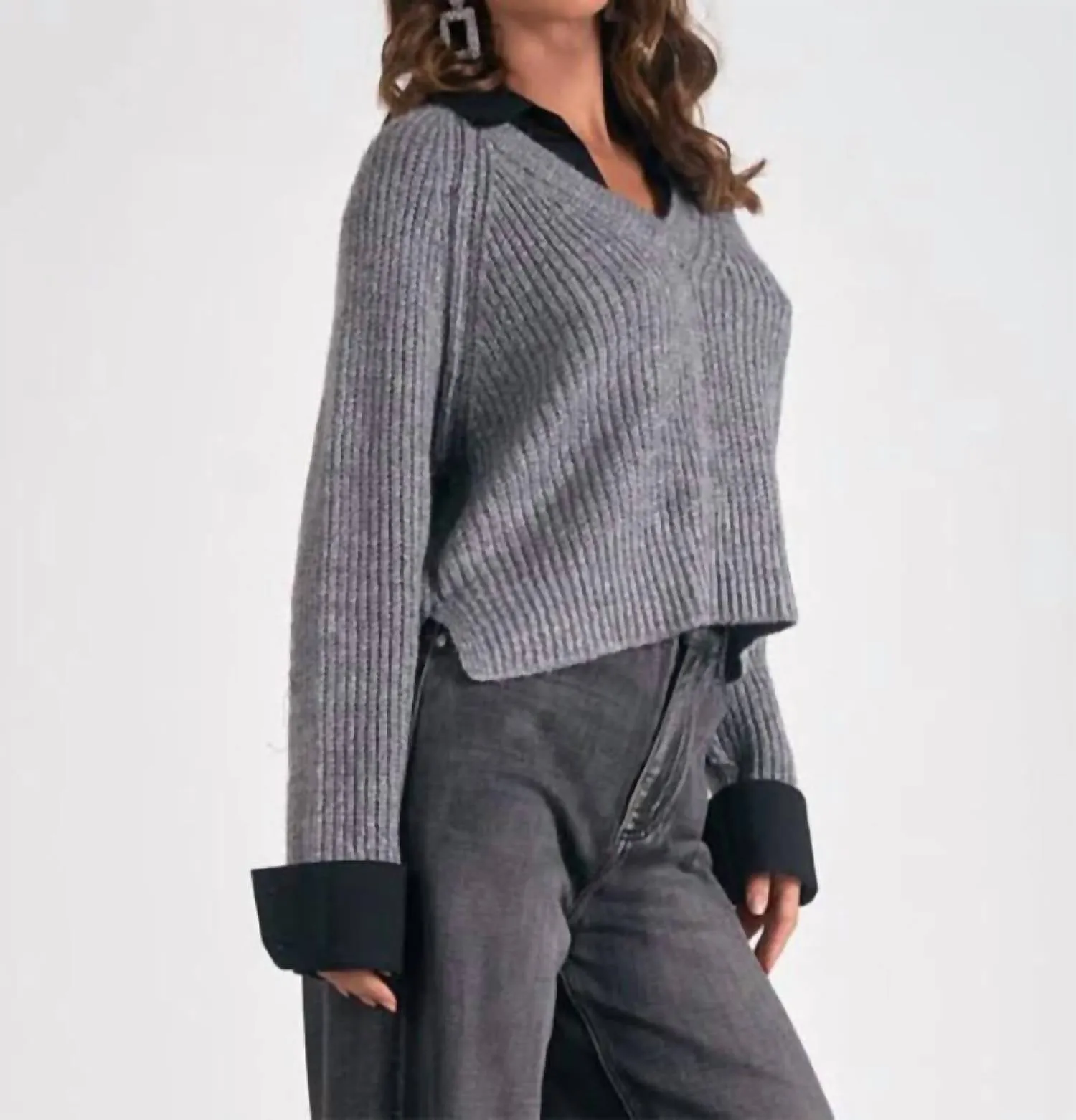 Little Stevie Layered Sweater/shirt Combo In Grey/black