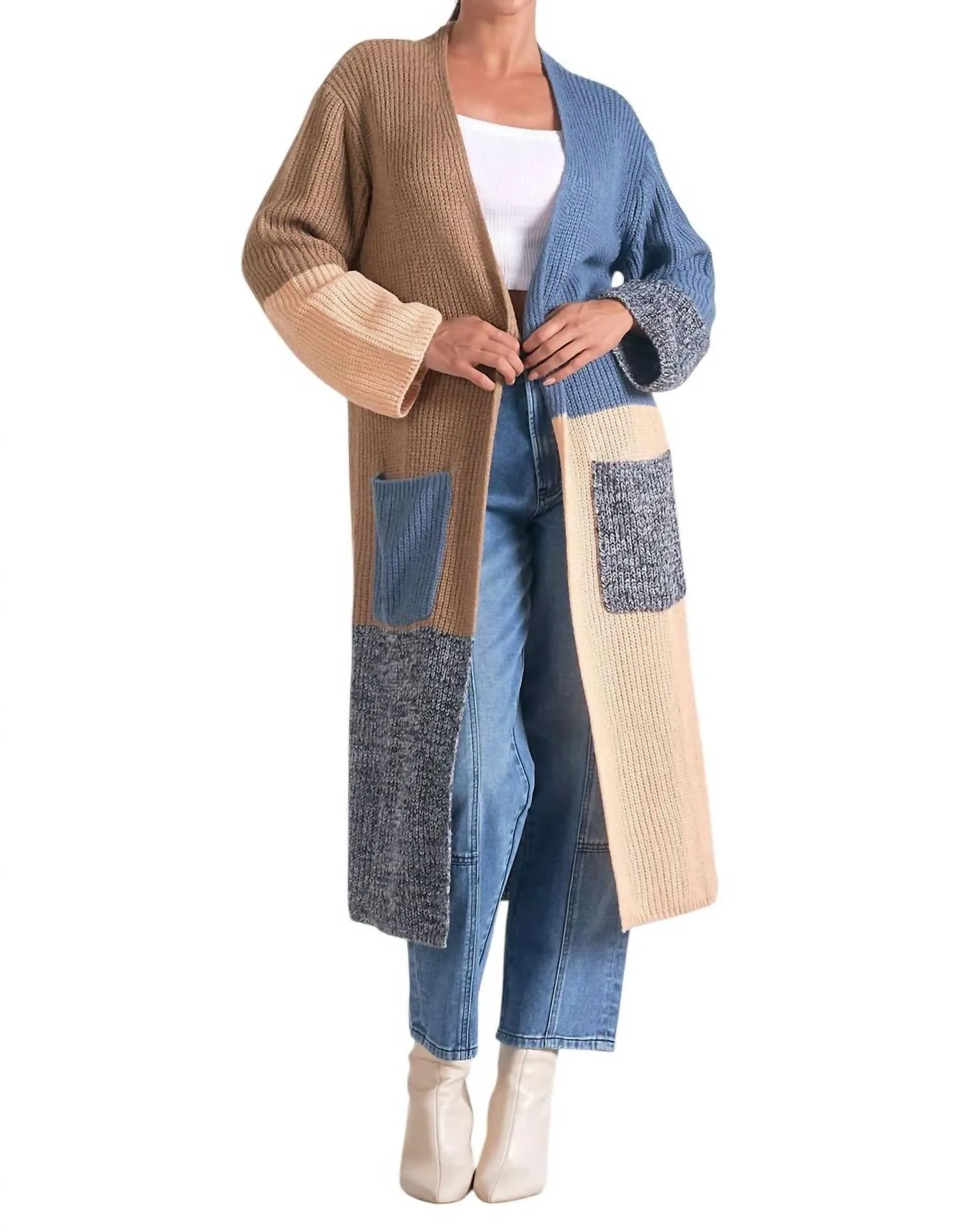 Long Colorblock Duster Sweater With Pockets In Blue Color Block
