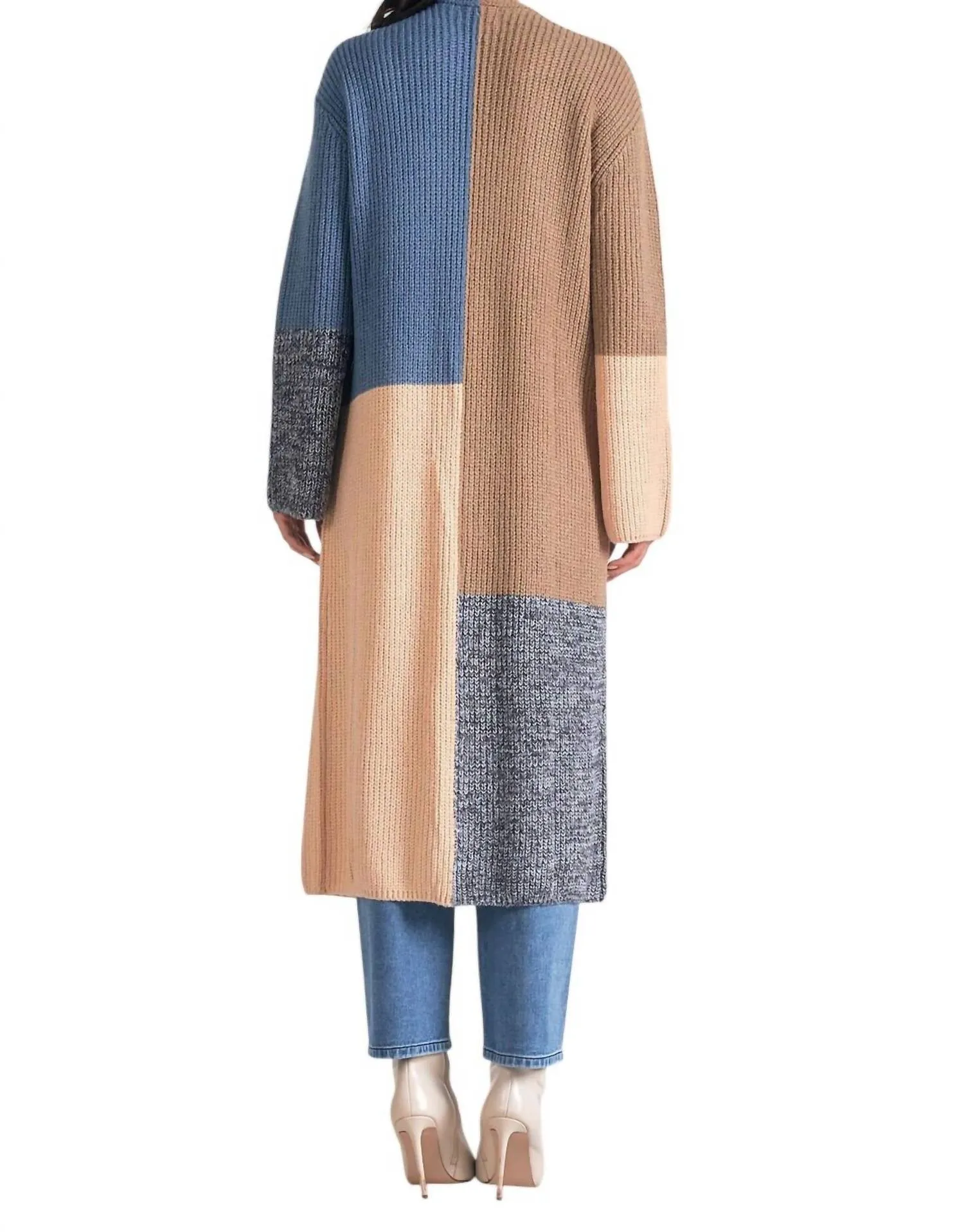 Long Colorblock Duster Sweater With Pockets In Blue Color Block