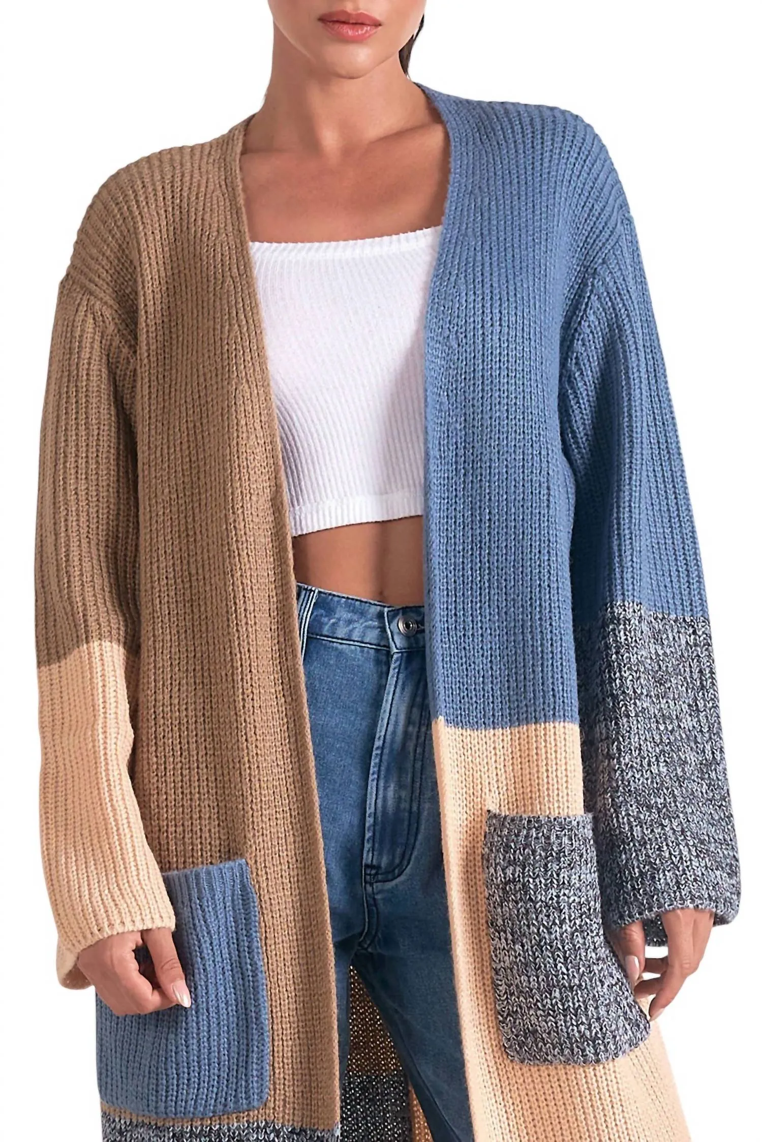 Long Colorblock Duster Sweater With Pockets In Blue Color Block