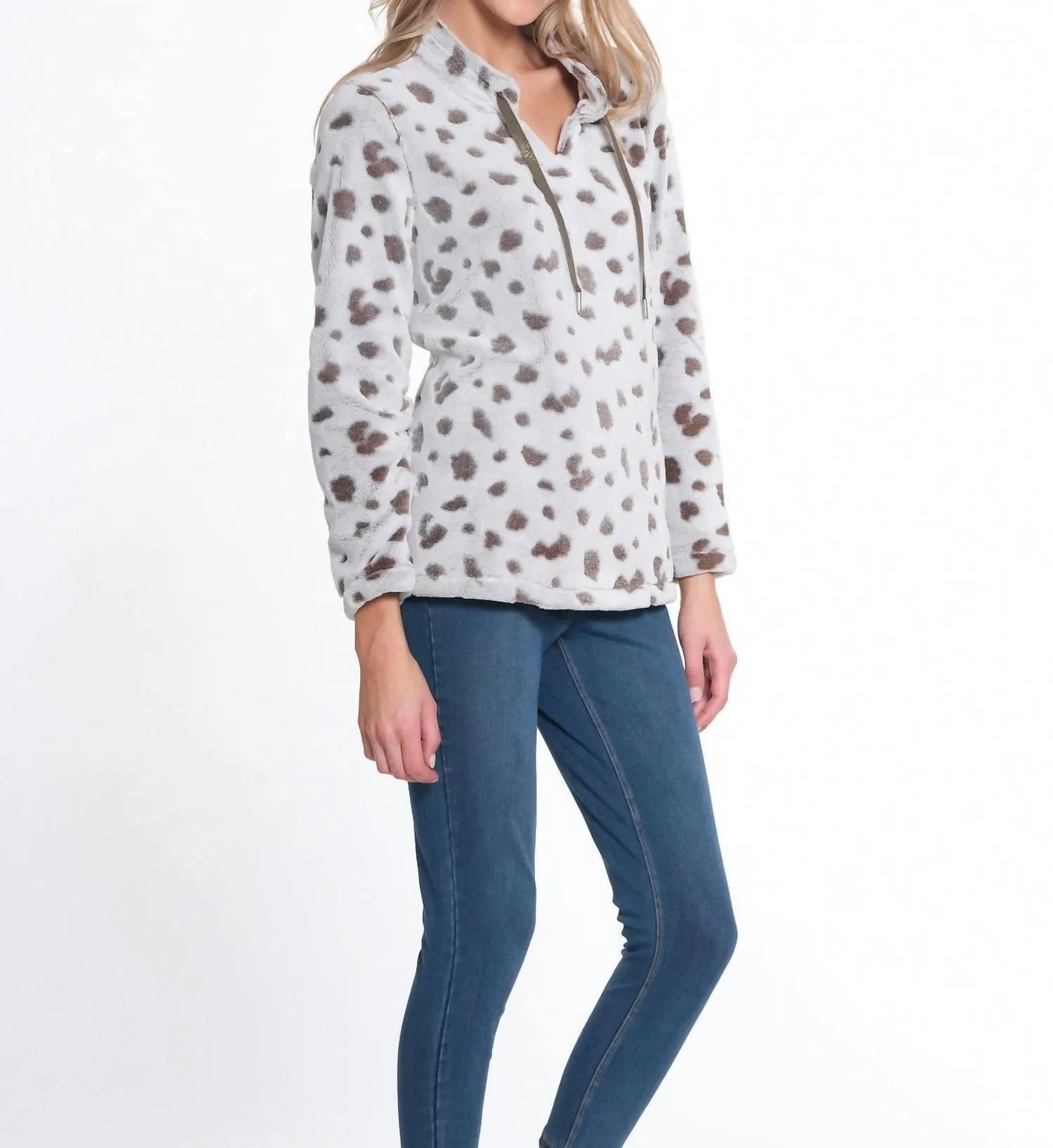Long Sleeve Drawstring Collar Top In Truffle