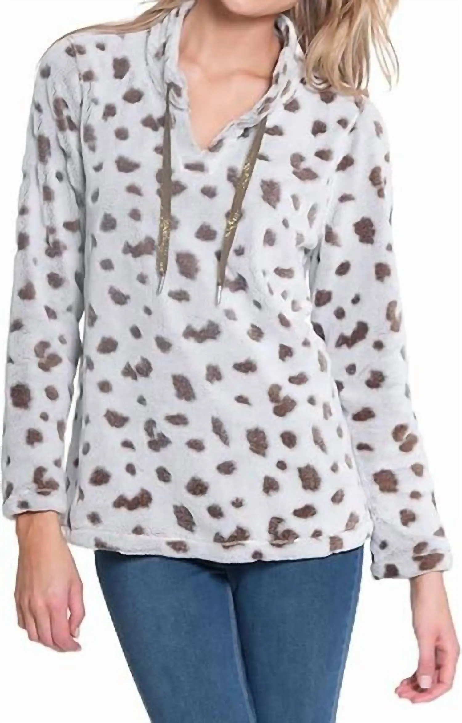 Long Sleeve Drawstring Collar Top In Truffle