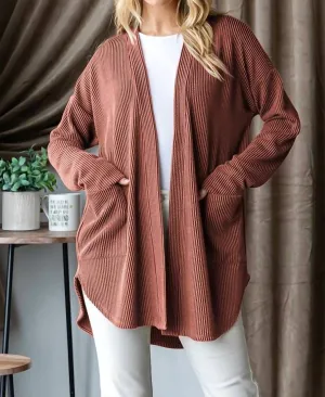 Long Sleeve Solid Urban Ribbed Open Cardigan - Plus In Rust