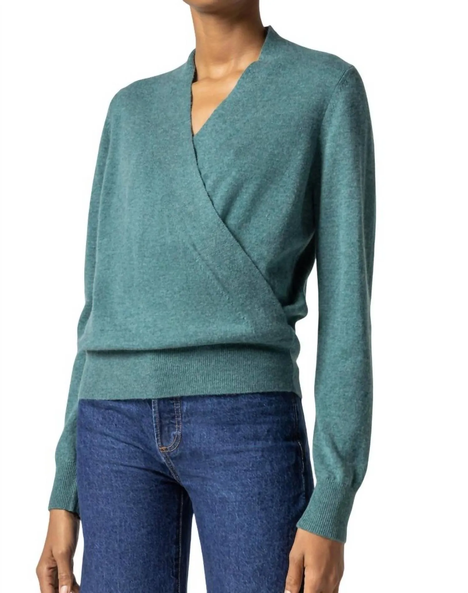Long Sleeve Wrap Front Sweater In Deep Sea