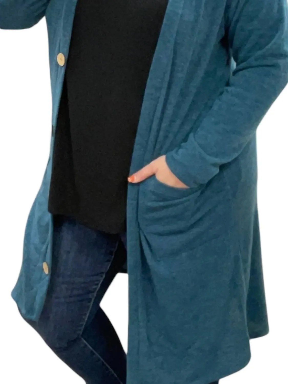 Long With Faux Buttons Cardigan In Teal