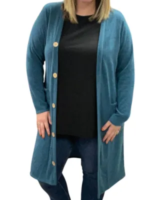 Long With Faux Buttons Cardigan In Teal