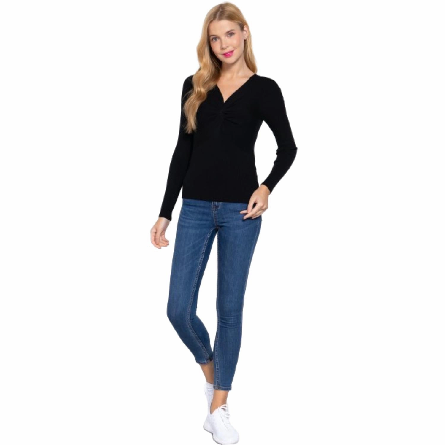 Long Slv V-neck Knotted Sweater