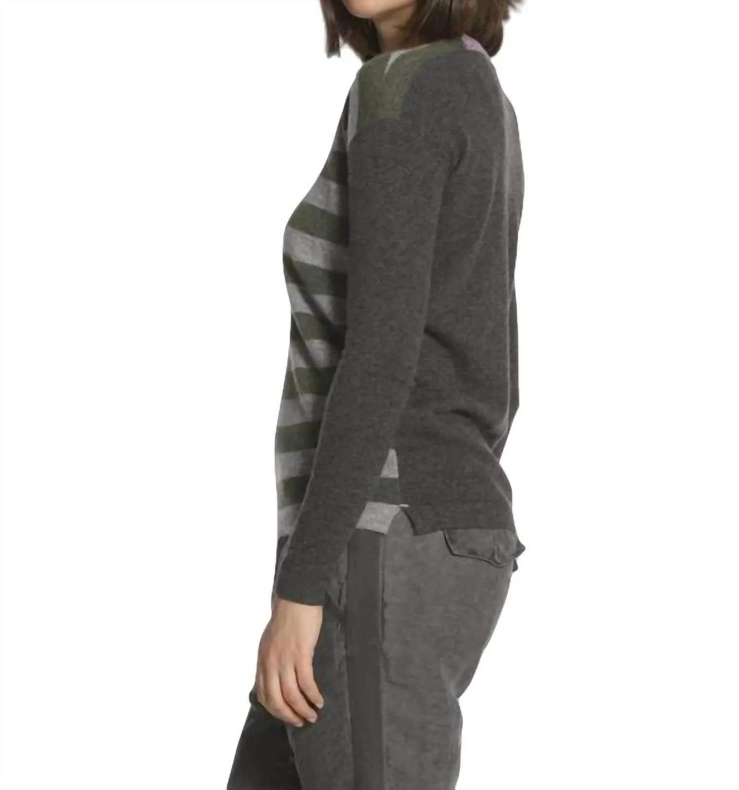 Luxe Stripe V-Neck Pullover In Grey/army/charcoal