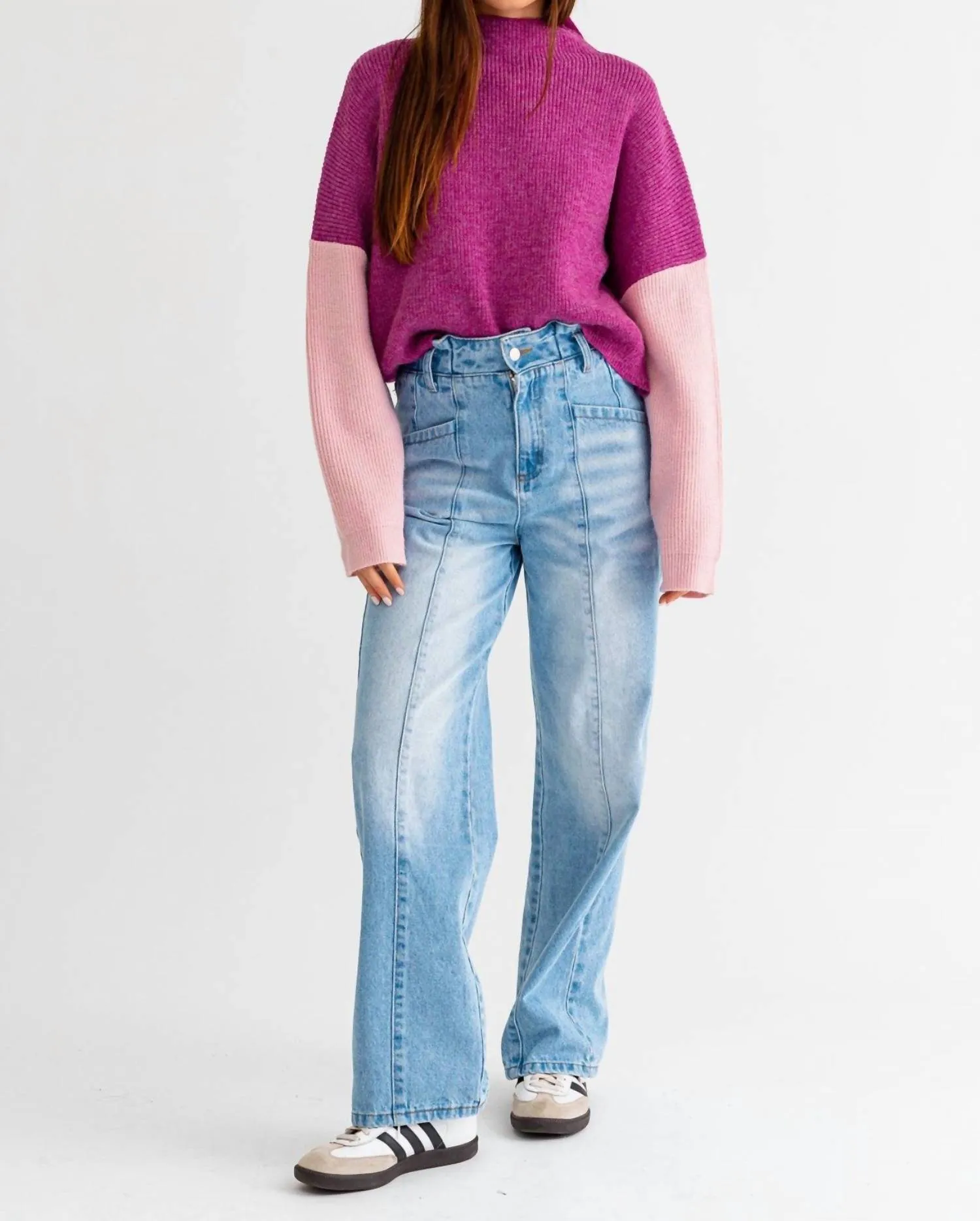 Macie Block Ribbed Sweater In Magenta/pink