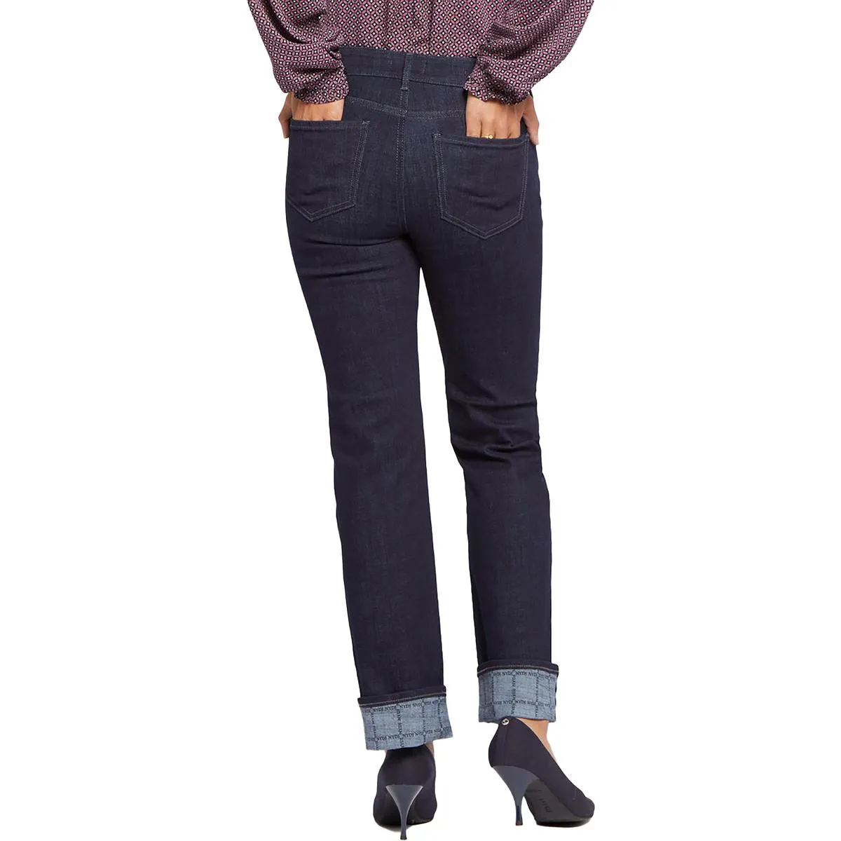 Marilyn Womens Dark Wash Printed Cuff Straight Leg Jeans
