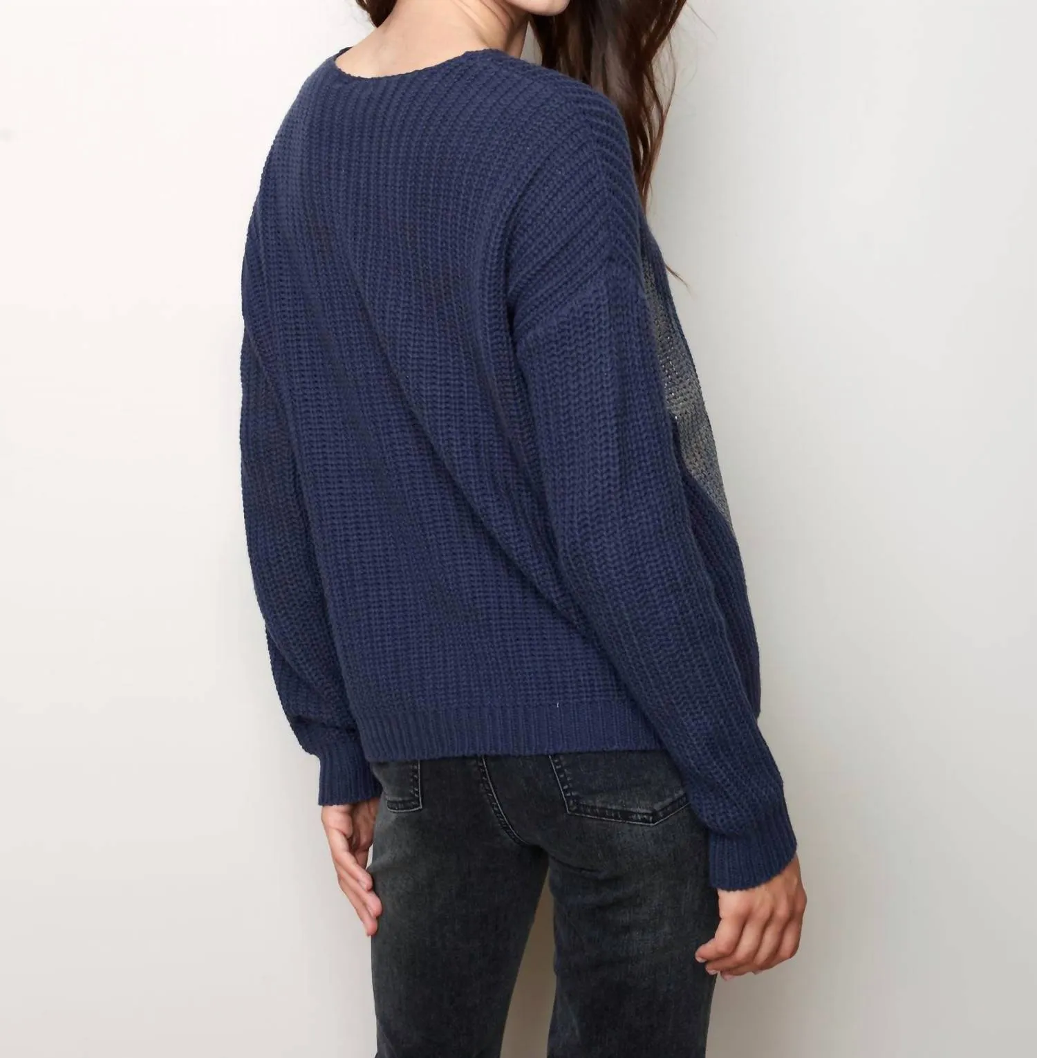 Metalic Print V-Neck Sweater In Denim Metallic Print