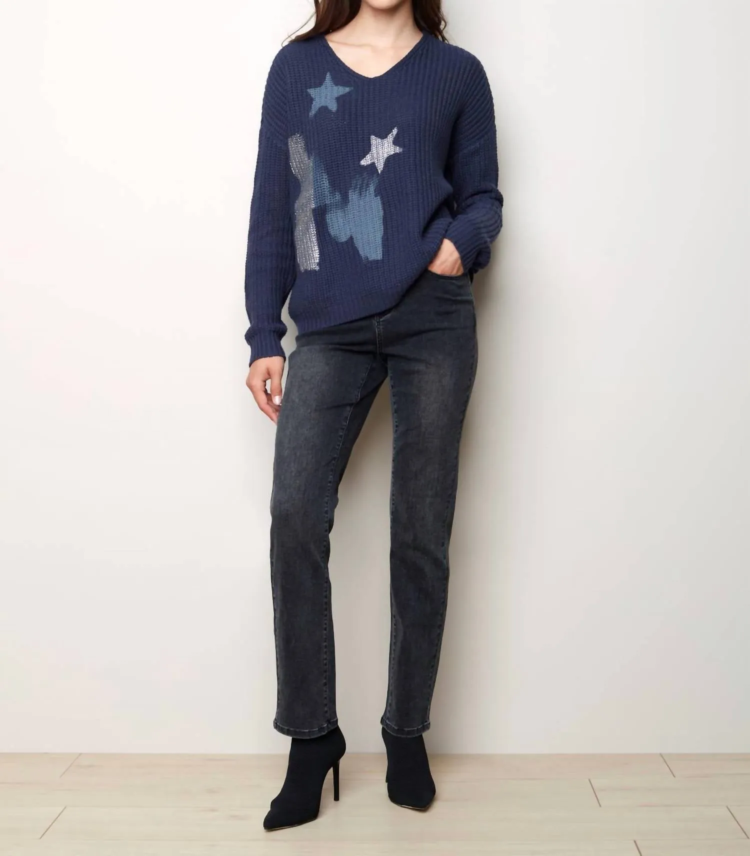Metalic Print V-Neck Sweater In Denim Metallic Print