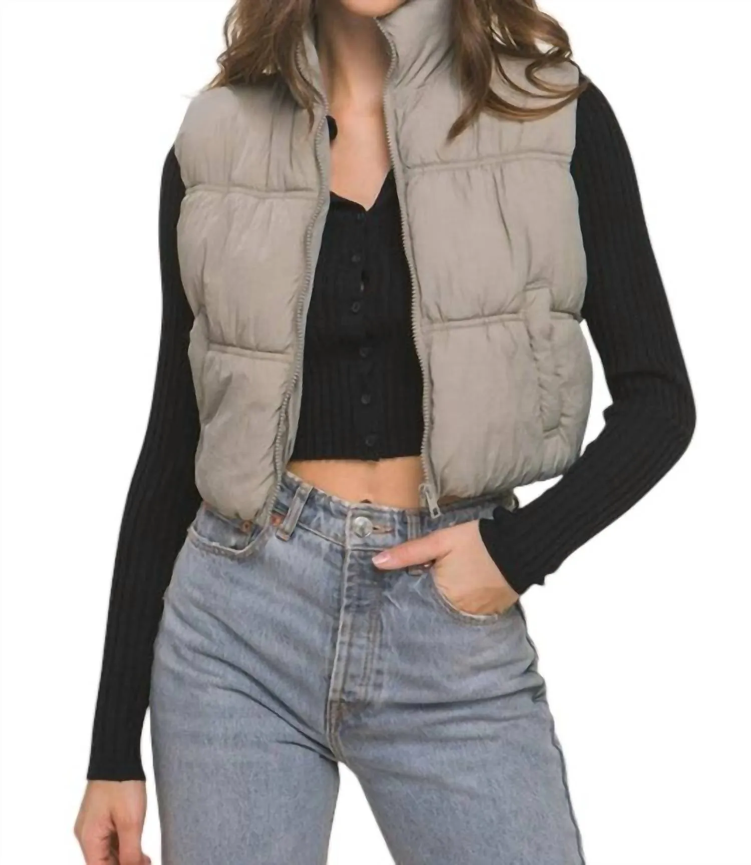 Metallic Puffer Vest In Dark Grey