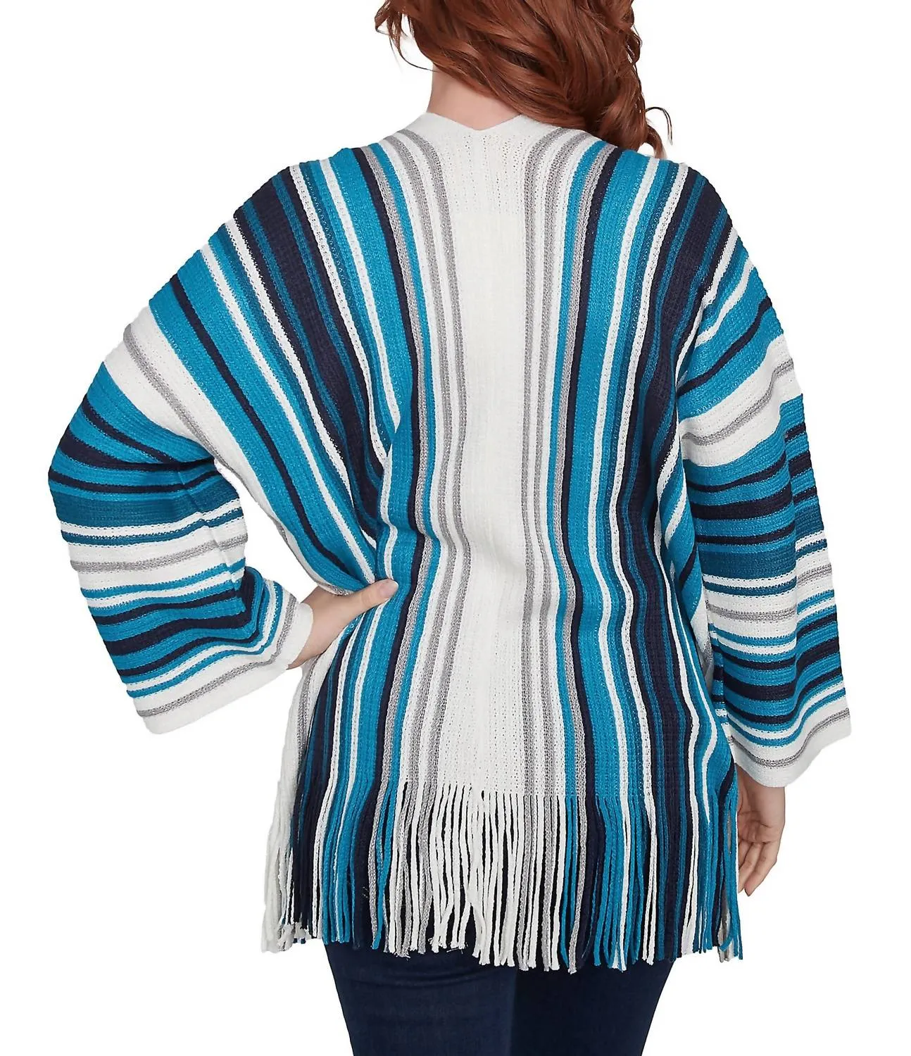 Metallic Striped Long Sleeve Fringed Hem Open-Front Cardigan In Jade Multi