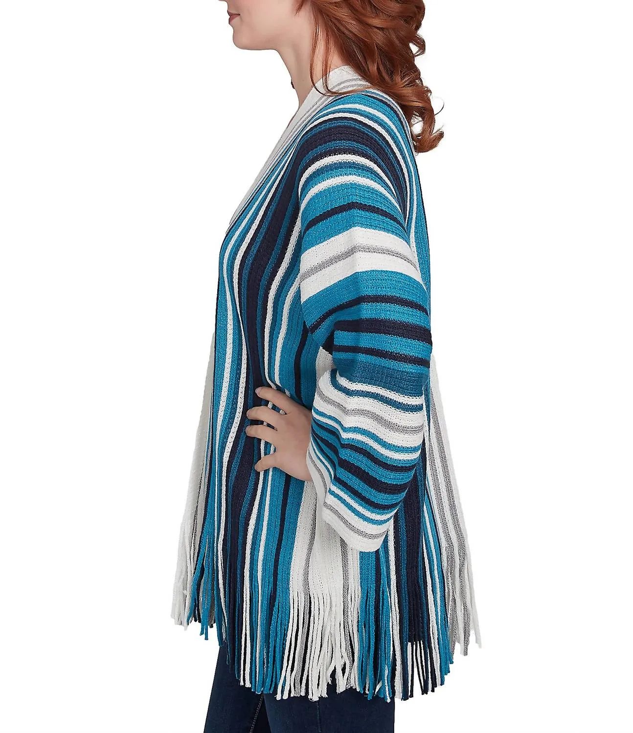 Metallic Striped Long Sleeve Fringed Hem Open-Front Cardigan In Jade Multi