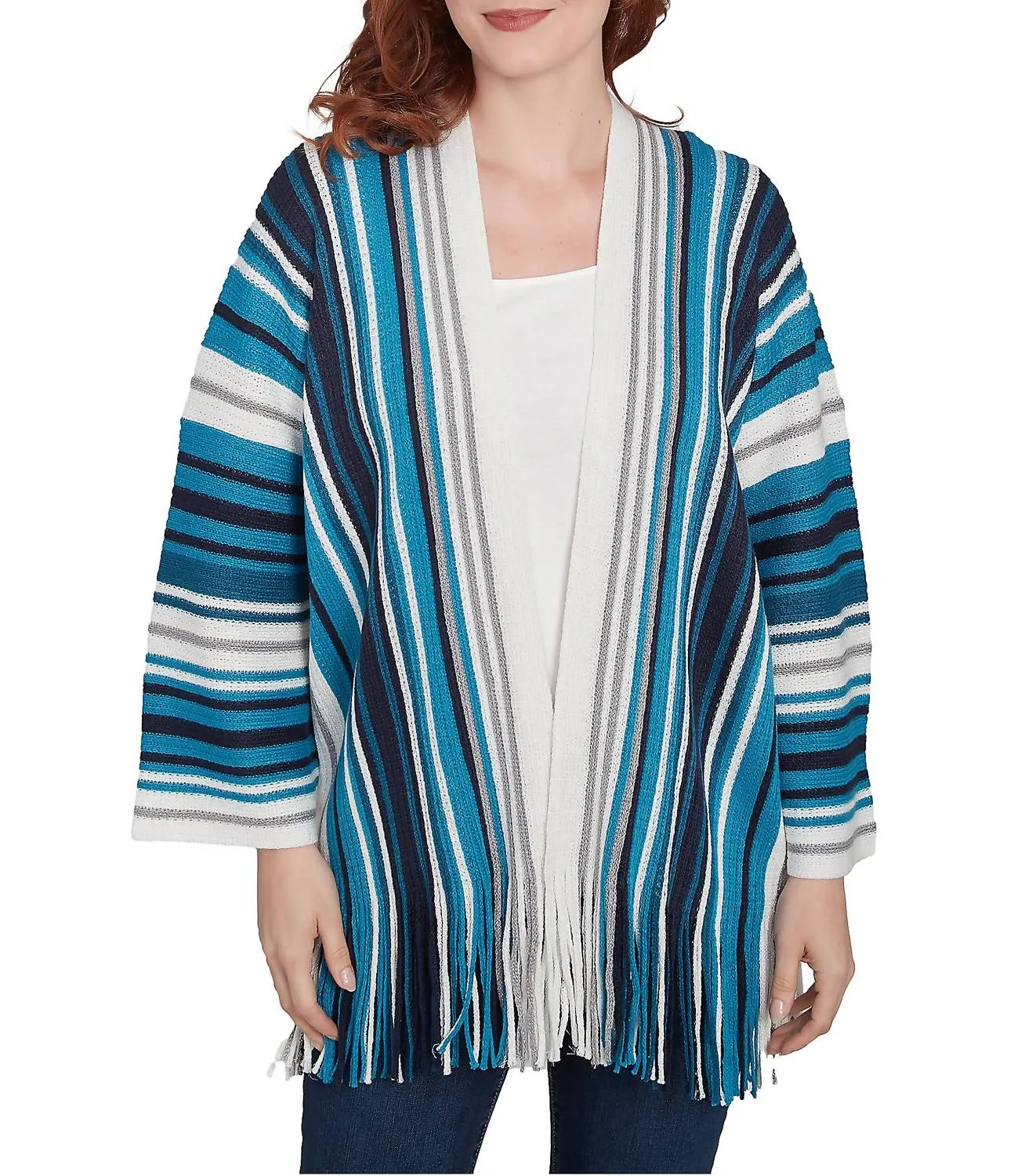 Metallic Striped Long Sleeve Fringed Hem Open-Front Cardigan In Jade Multi