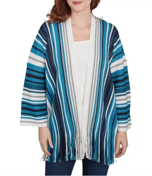 Metallic Striped Long Sleeve Fringed Hem Open-Front Cardigan In Jade Multi