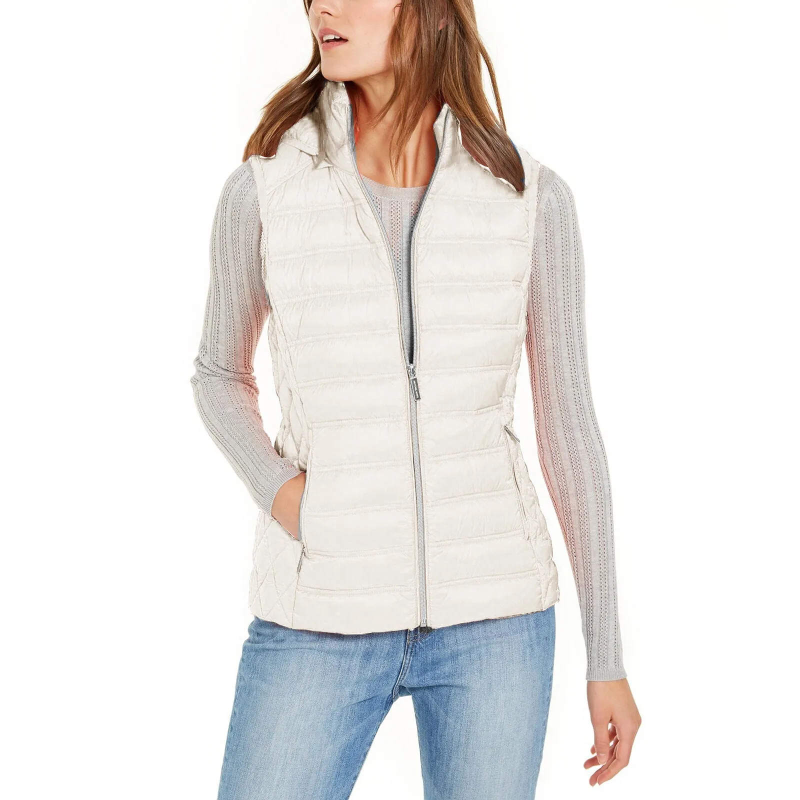 Michael Kors Women's Bone White Down Sleeveless Puffer Vest with Removable Hood