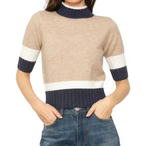 Millie Quarter Sleeve Turtleneck Top In Oatmeal Combo