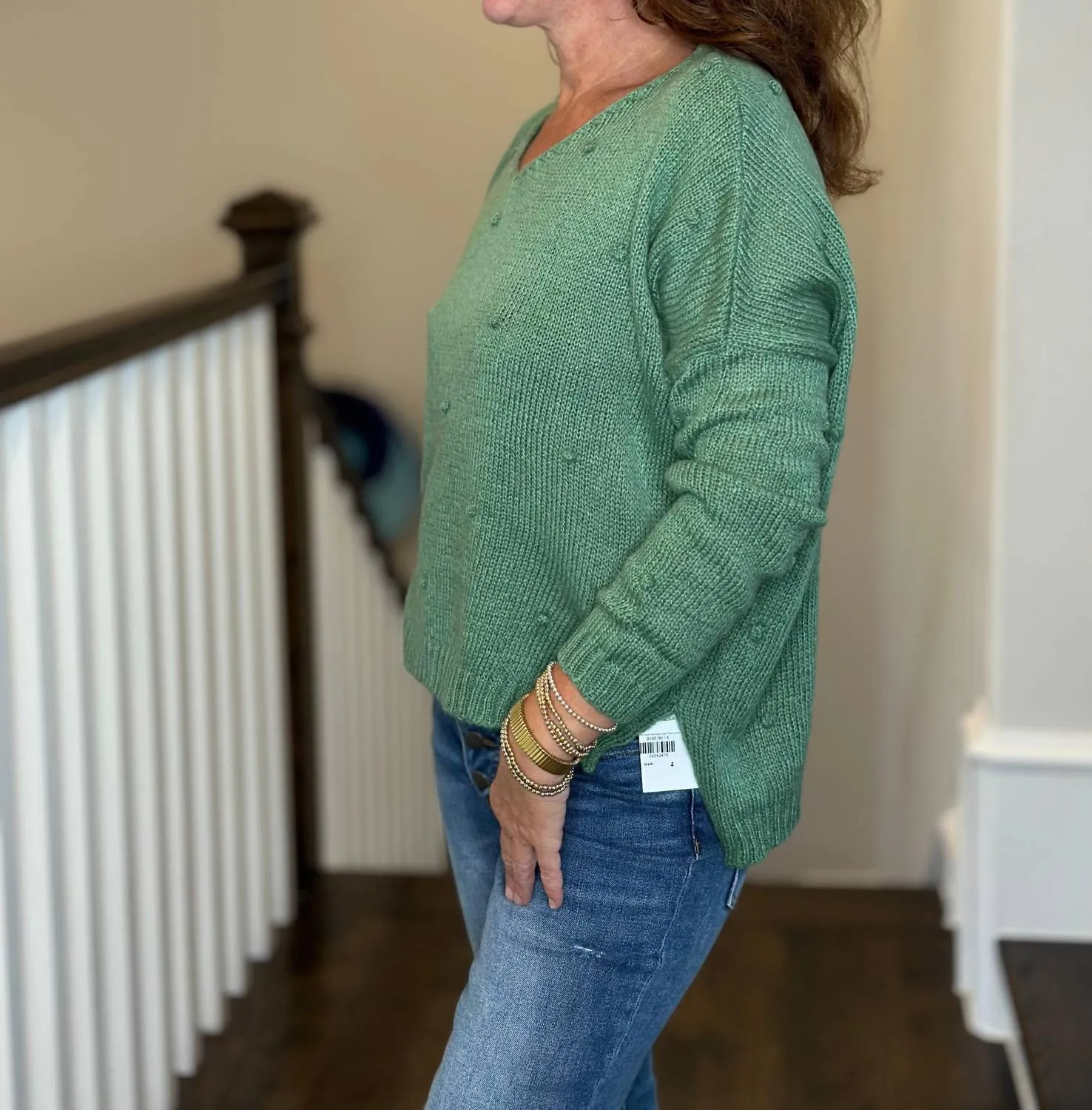 Mini Popcorn V Neck Lightweight Sweater In Shadle Green
