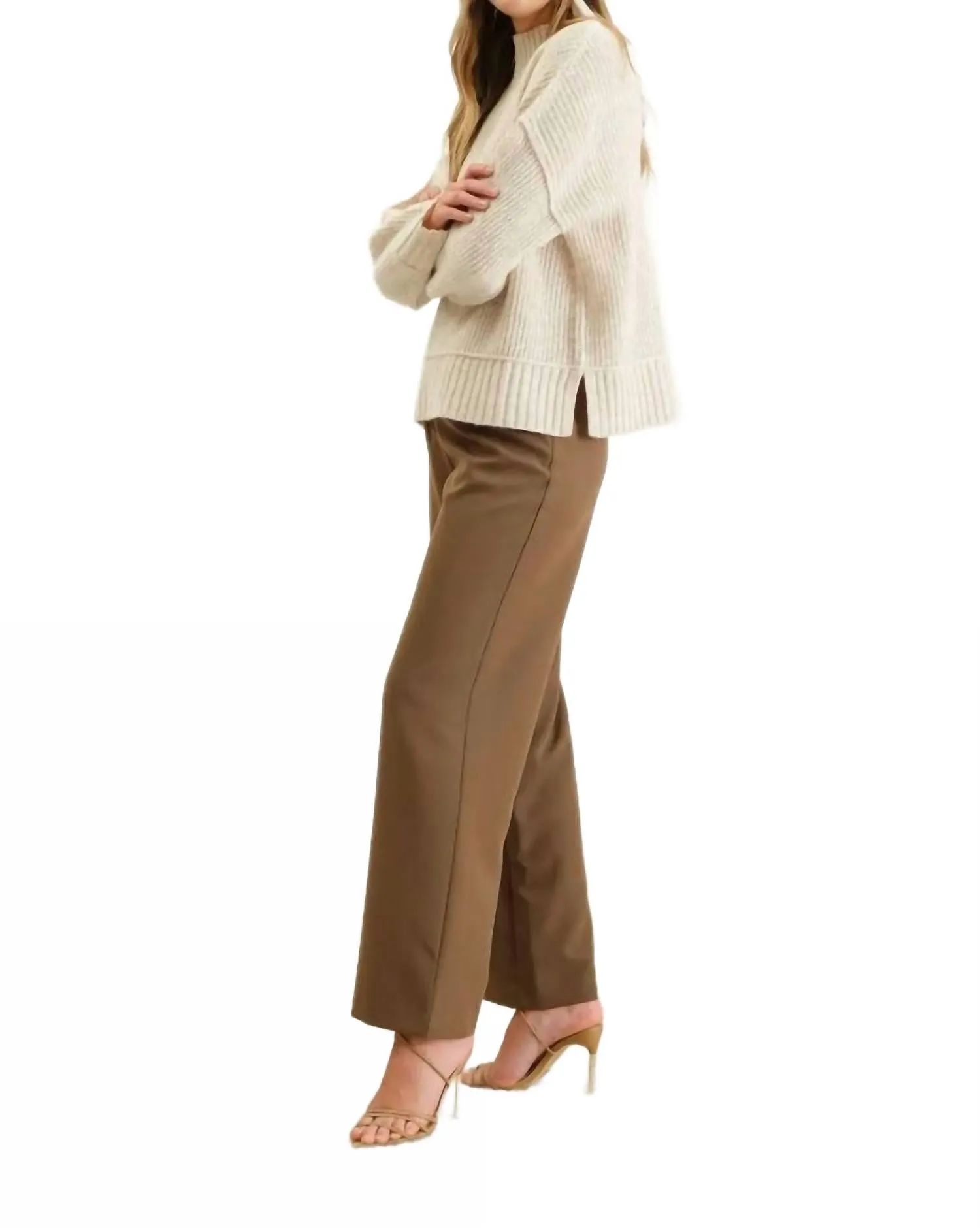 Mock Neck Knit Sweater In Cream