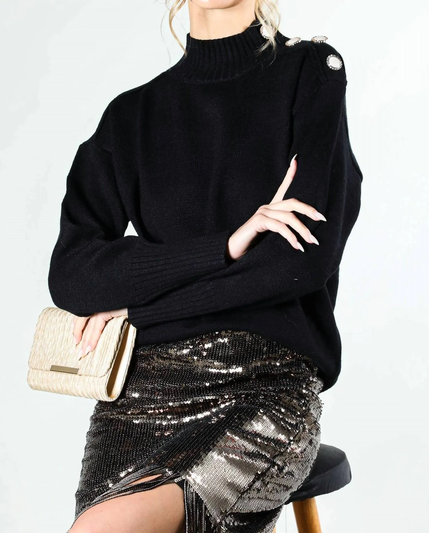 Mock Neck Long Sleeve Sweater In Black