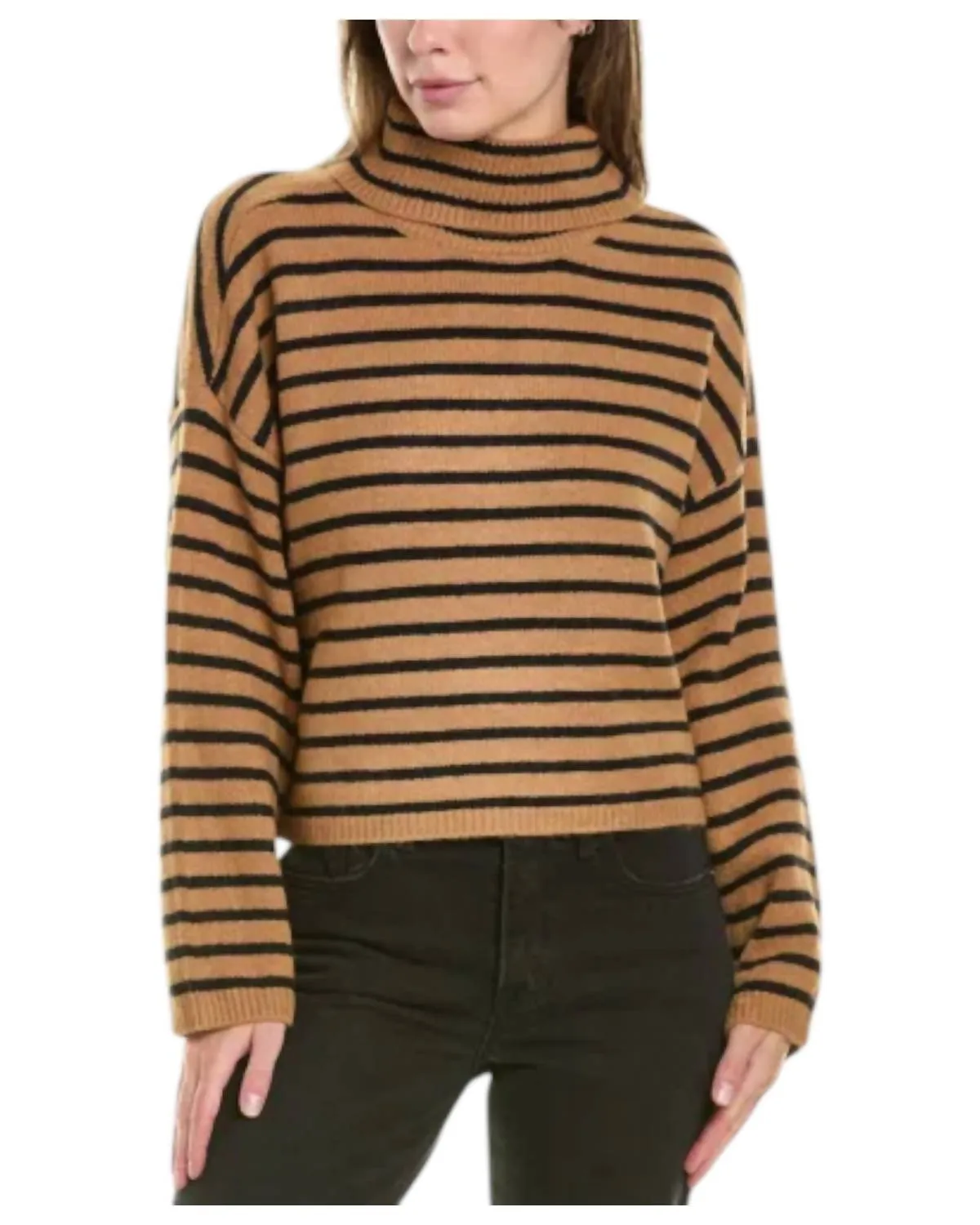 Mock Neck Stripe Sweater In Antique Oak And Black