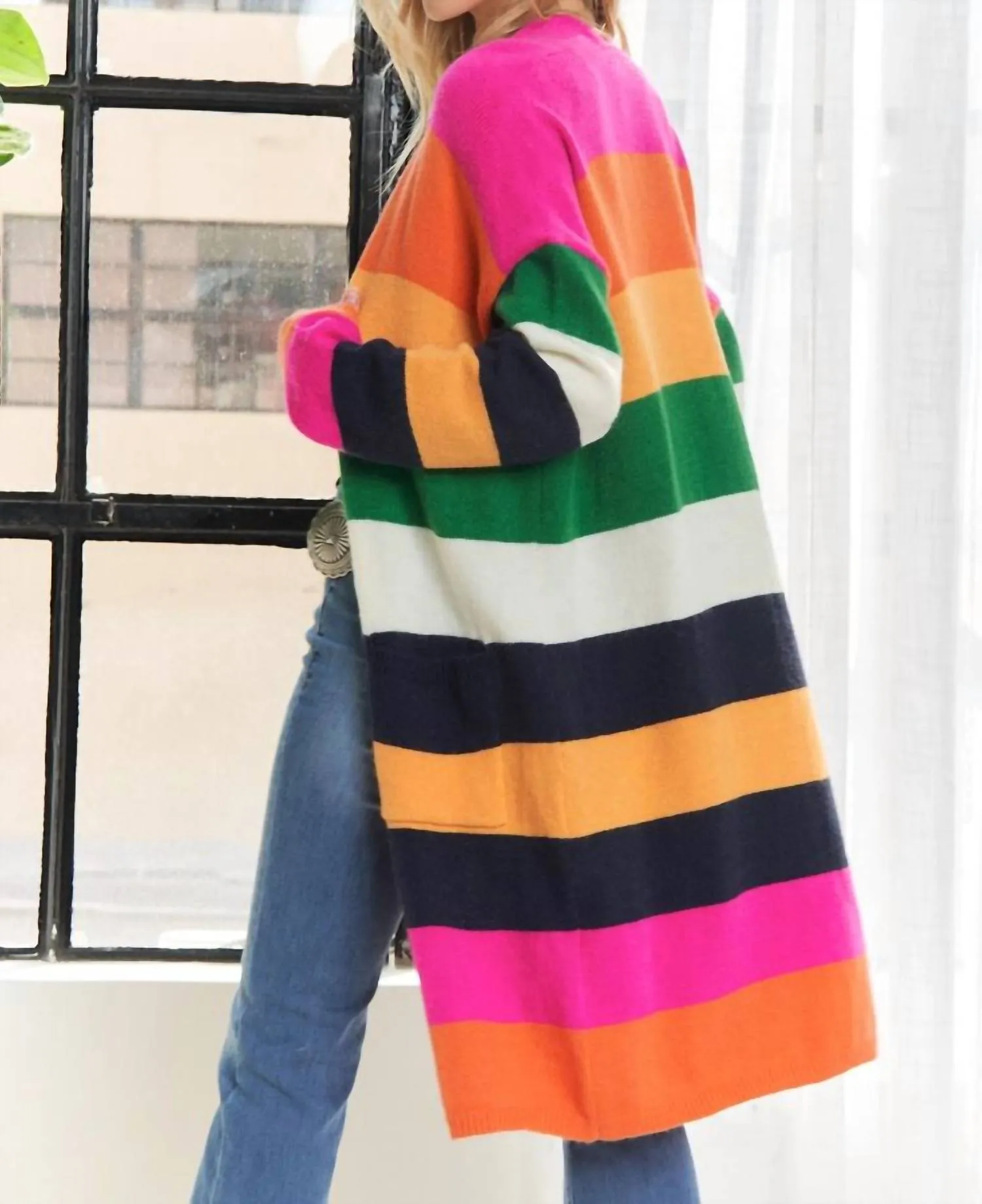 Multi Color Cardigan In Fuschia Pink,orange