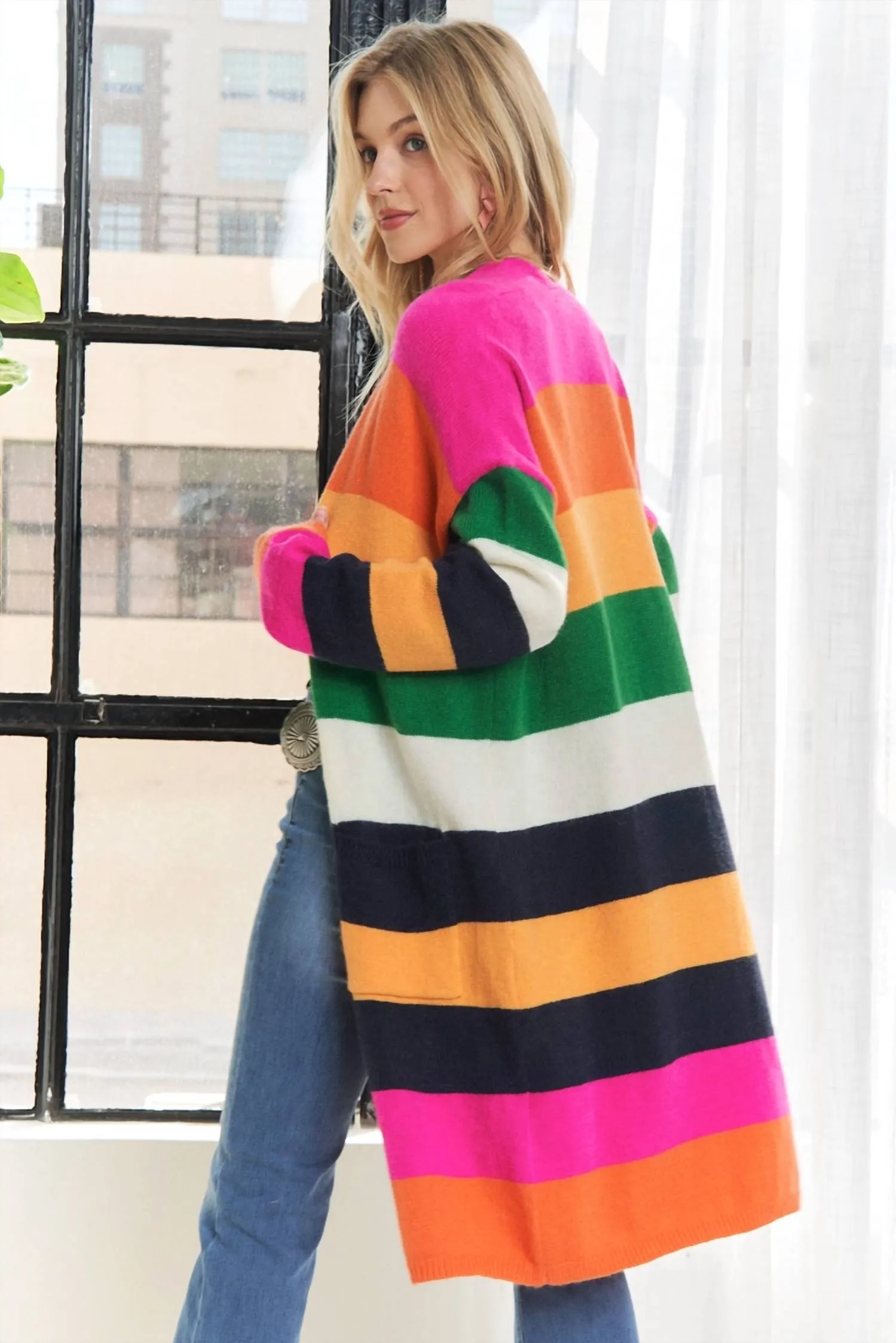 Multi Color Cardigan In Fuschia Pink,orange