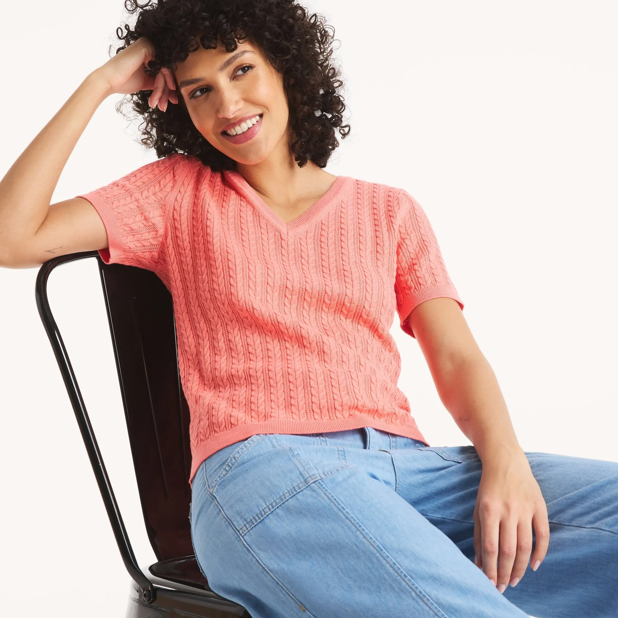 Nautica Womens Cable-Knit Short-Sleeve Sweater