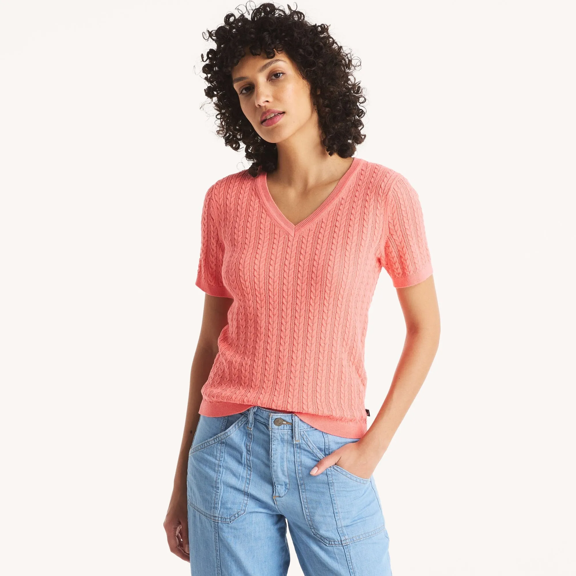 Nautica Womens Cable-Knit Short-Sleeve Sweater