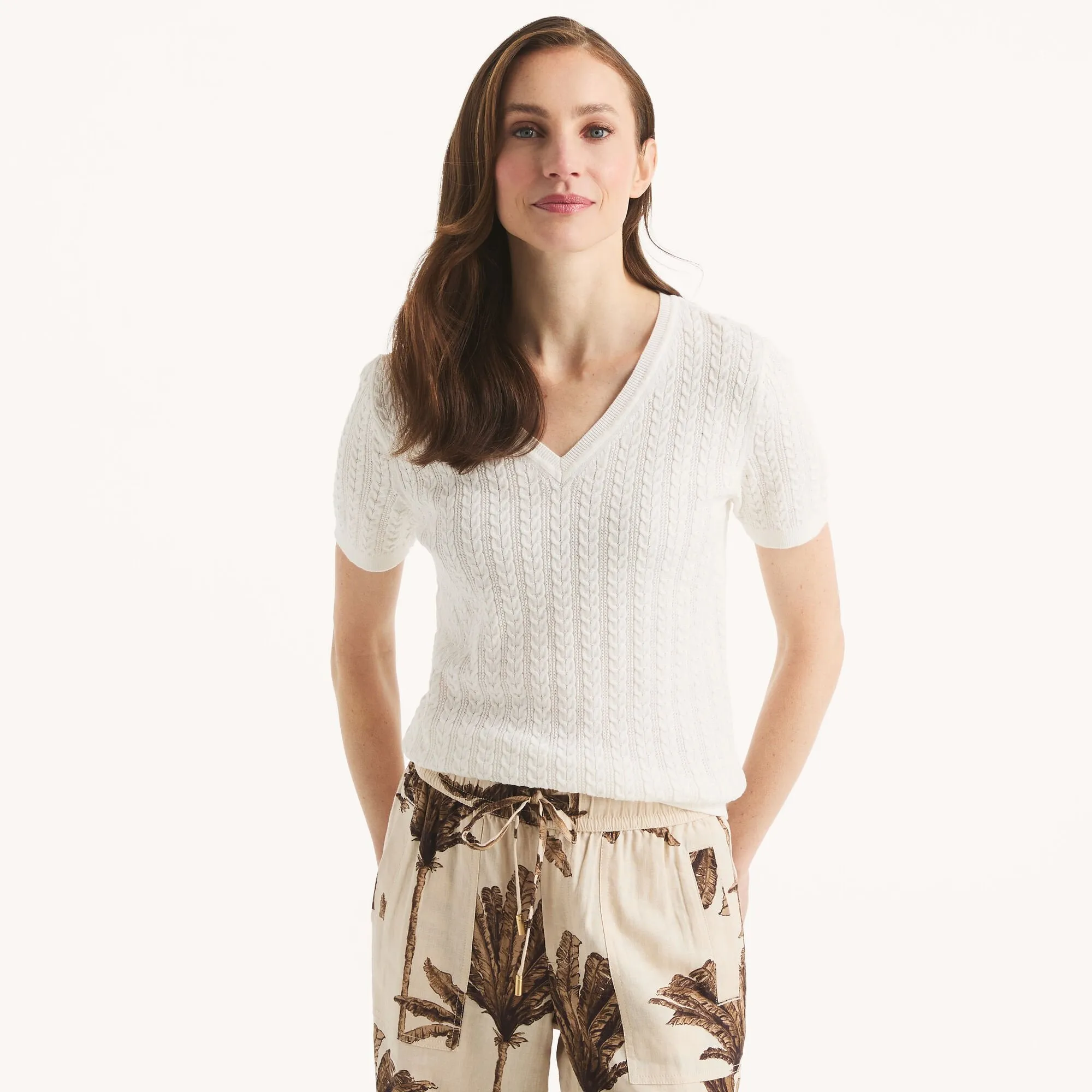 Nautica Womens Cable-Knit Short-Sleeve Sweater