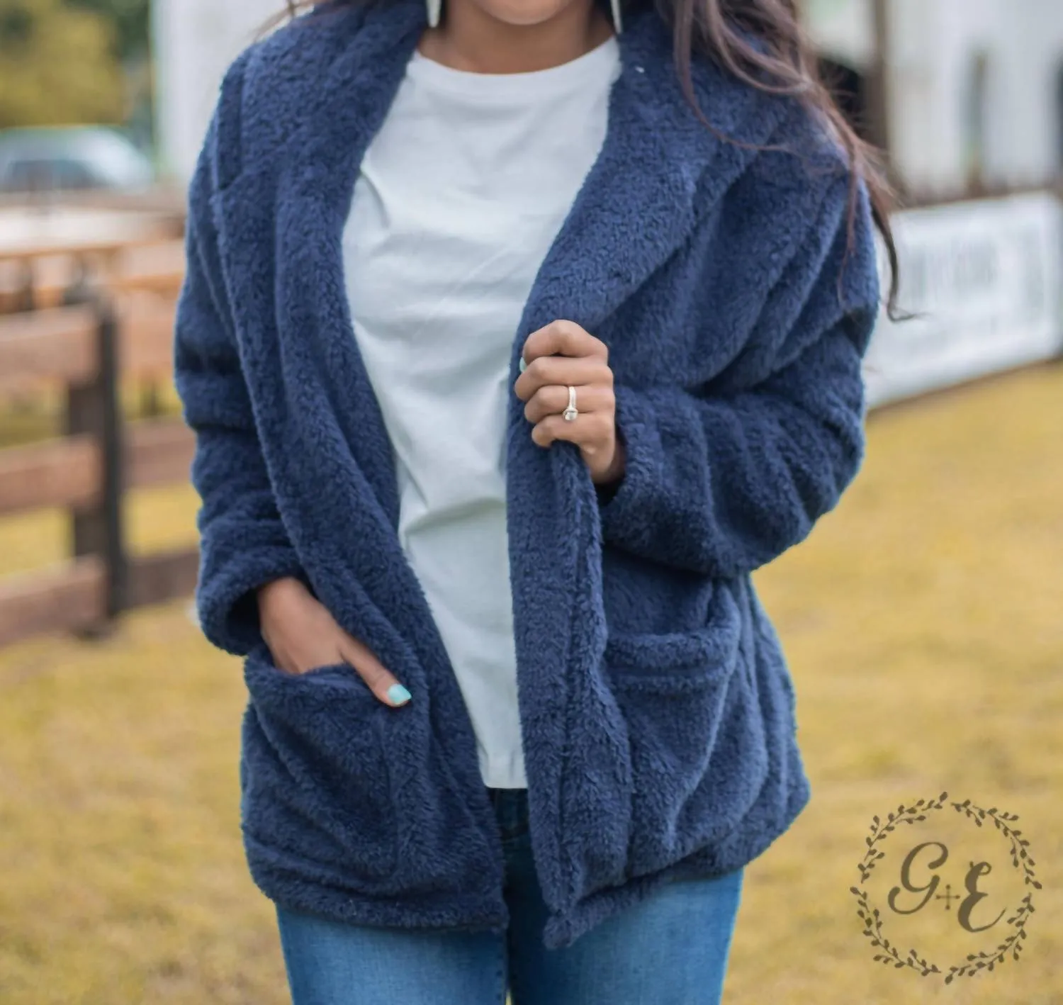 Oh So Soft Hooded Sherpa With Pockets Jacket In Navy