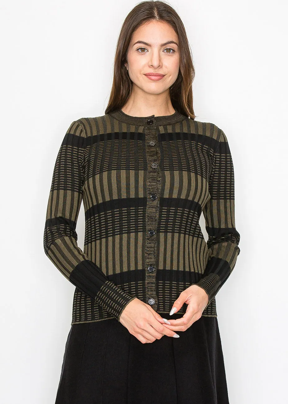 Olive and Black Buttoned Ribbed Cardigan