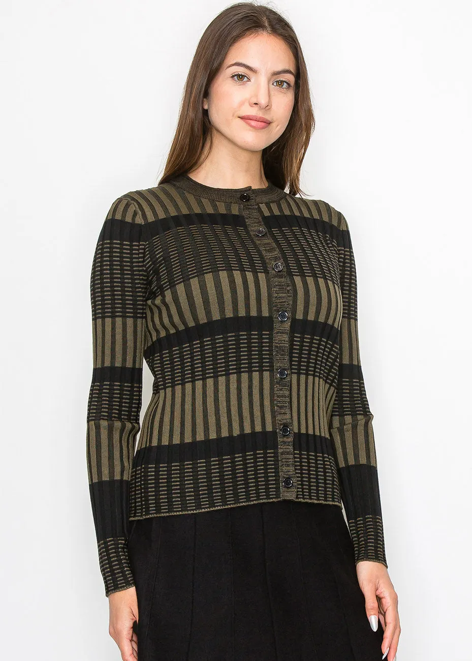 Olive and Black Buttoned Ribbed Cardigan