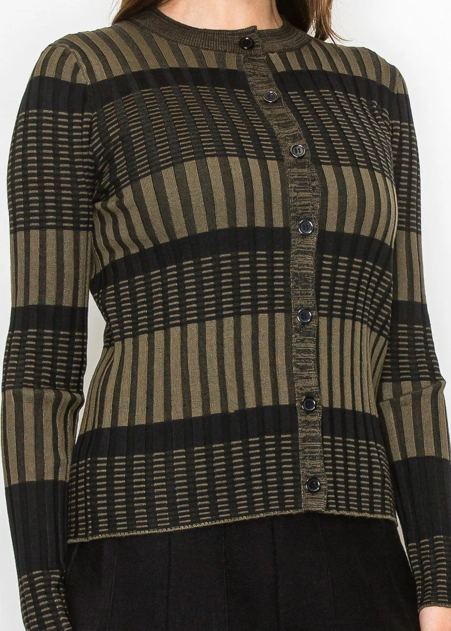 Olive and Black Buttoned Ribbed Cardigan