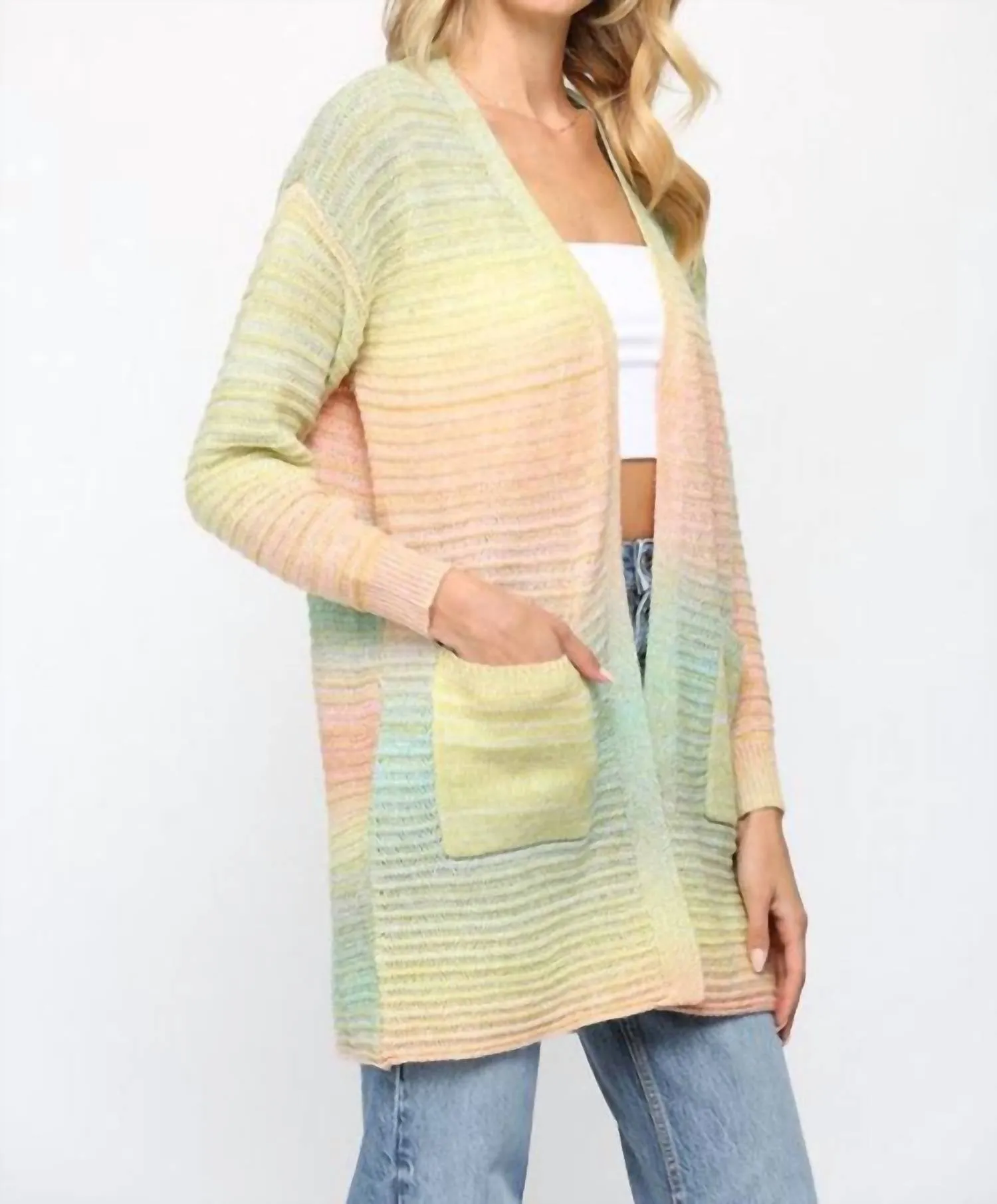 Ombre Yarn Knitted Open Cardigan In Green Multi