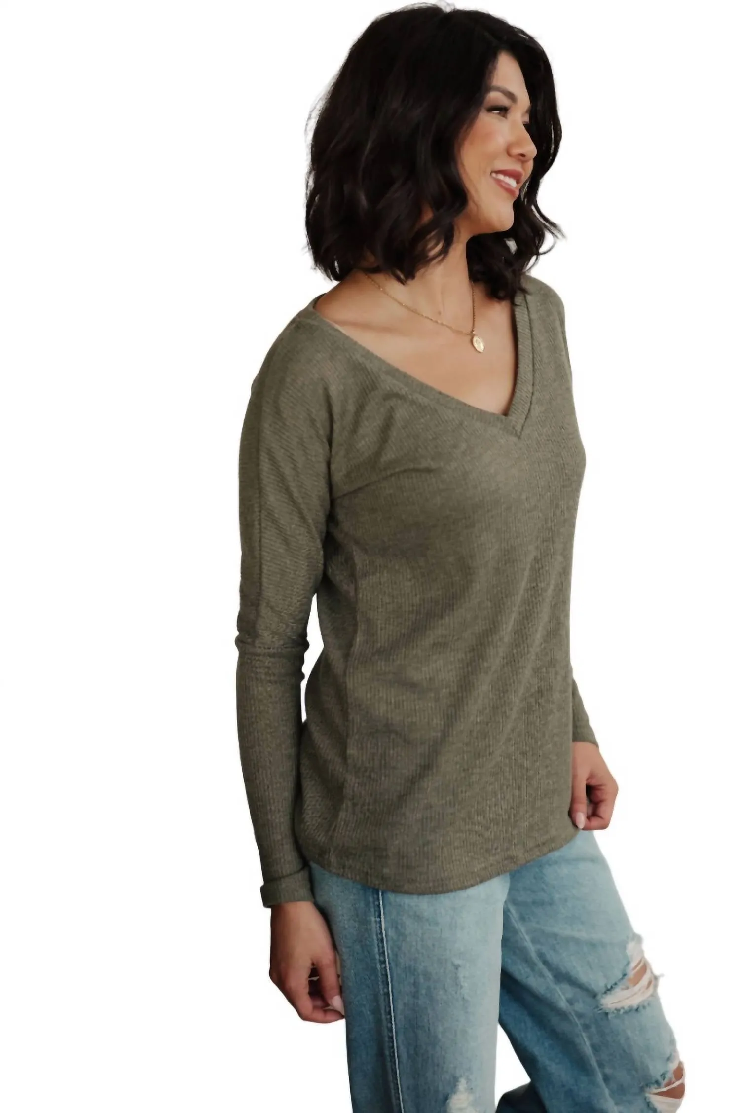 On A Roll Ribbed Knit V Neck Long Sleeve Top In Olive