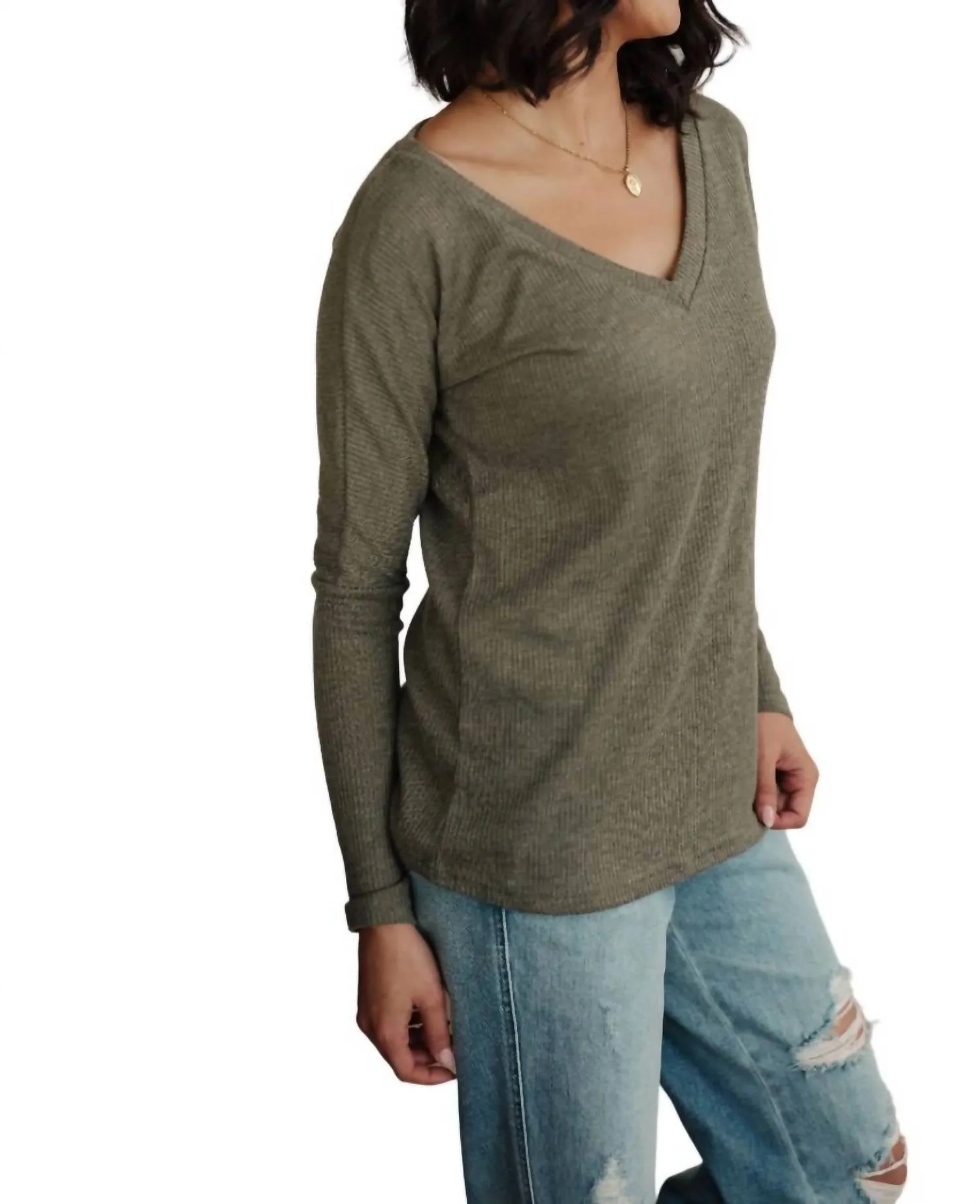 On A Roll Ribbed Knit V Neck Long Sleeve Top In Olive