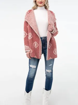 Open Front Aztec Terry Cardi In Brick Red